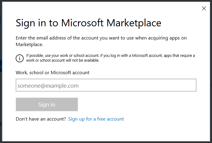 Screenshot of Appsource sign-in