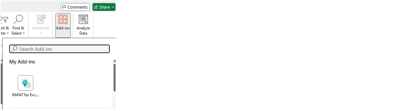 Screenshot indicating location of 'add-ins' menu in Excel