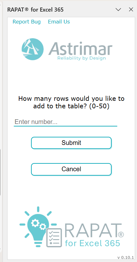 Screenshot of the add rows dialog