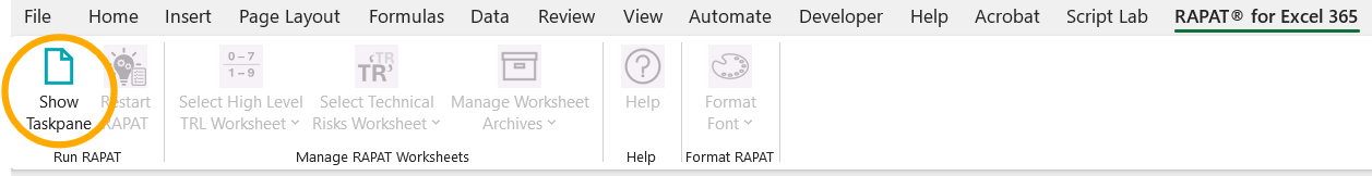 Screenshot highlighting the taskpane button on the RAPAT ribbon